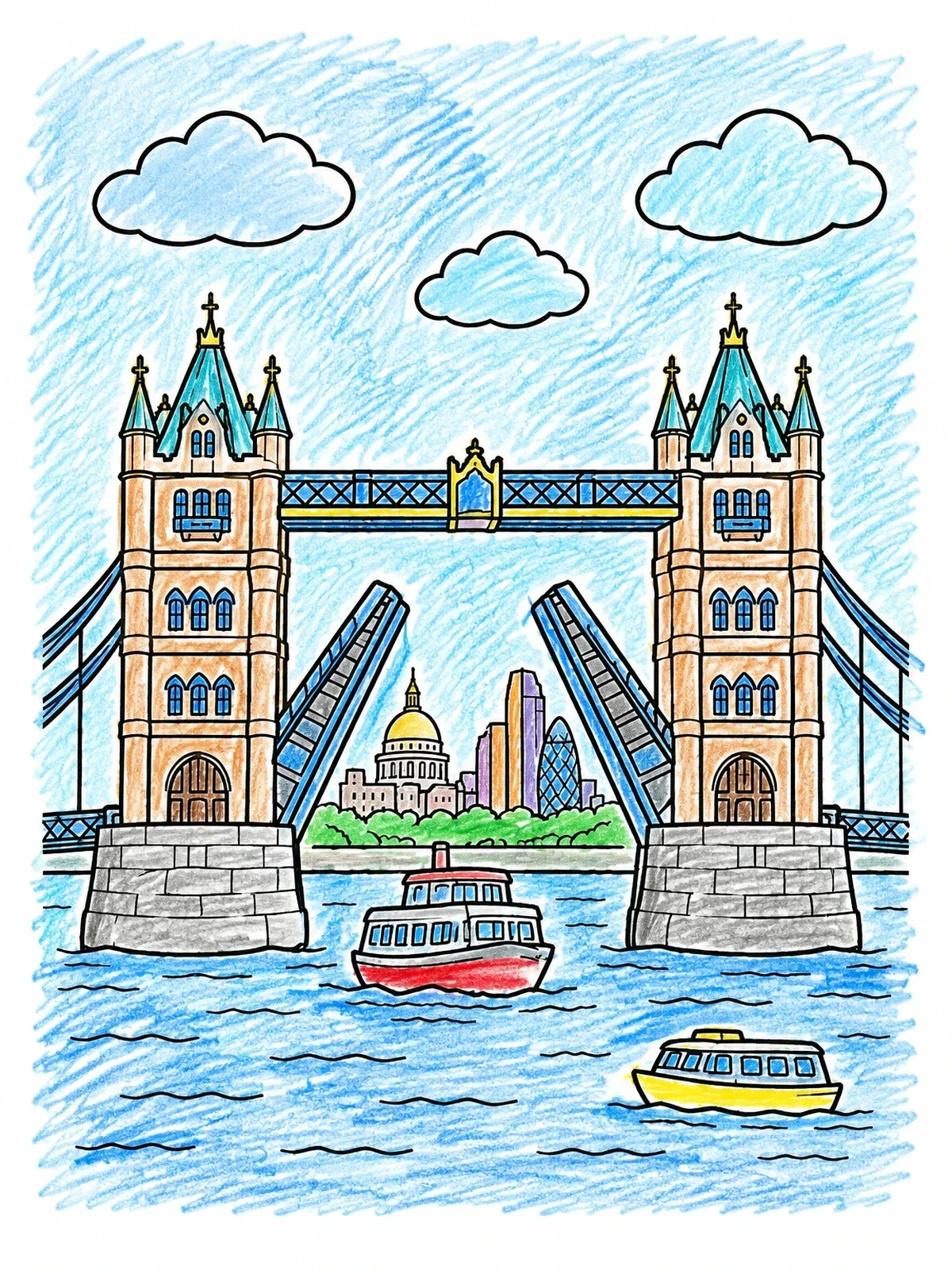 Colored example of the Tower Bridge Opening Over River Thames coloring page
