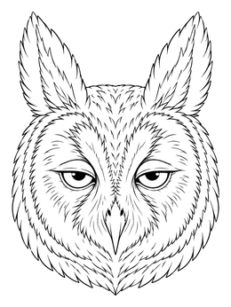 Detailed owl coloring page featuring the portrait of a long-eared owl with tufts.