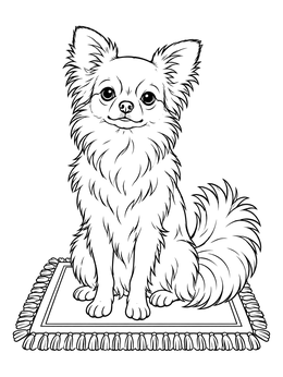 A fluffy dog on this chihuahua coloring page sits neatly on a small fringed mat.