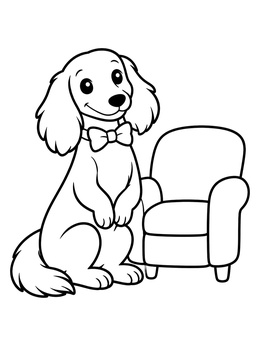 A cute dachshund coloring page featuring a sitting pup in a bow tie next to an armchair.