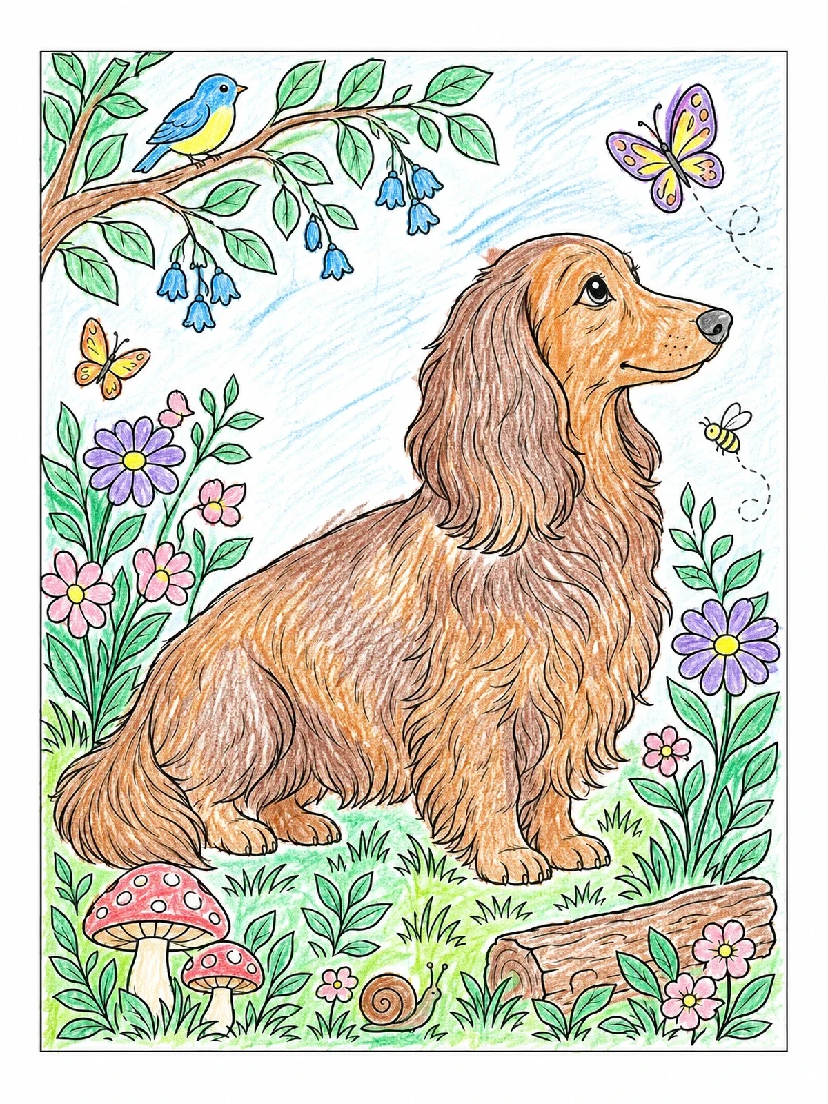 Colored example of the Long Haired Dachshund In The Garden coloring page