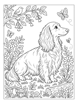 A sweet long-haired dachshund coloring page with flowers and butterflies.