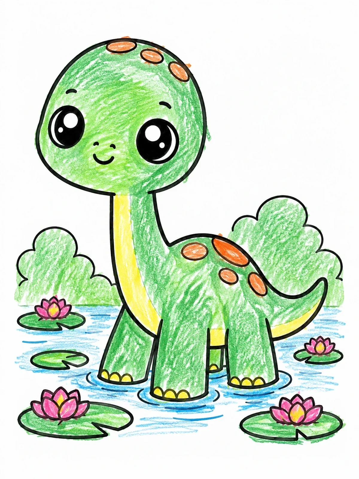 Colored example of the Cute Baby Sauropod In Lily Pond coloring page