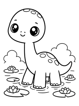 Free printable Cute Baby Sauropod In Lily Pond coloring page