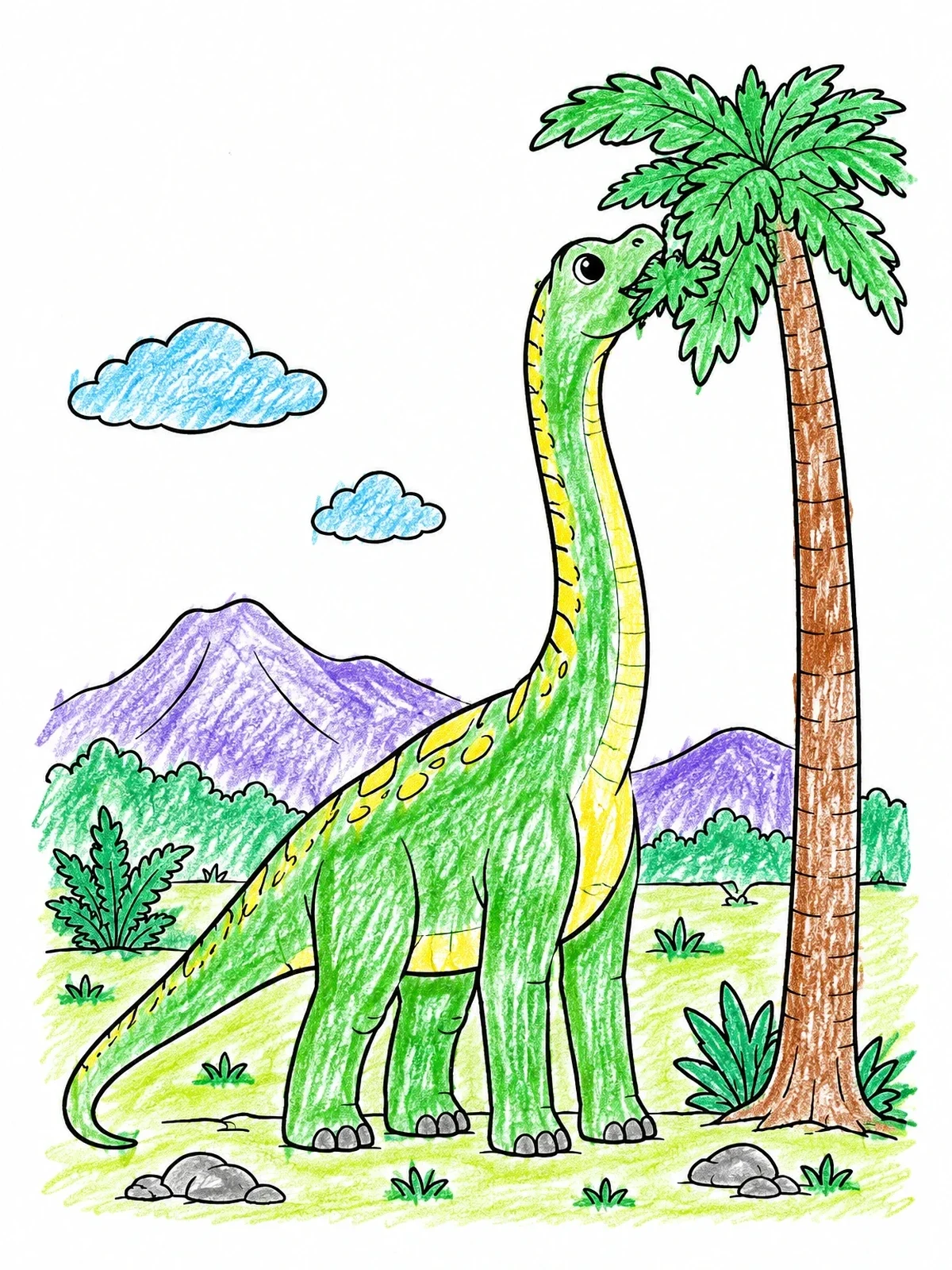 Colored example of the Cute Sauropod Eating Tree Leaves coloring page