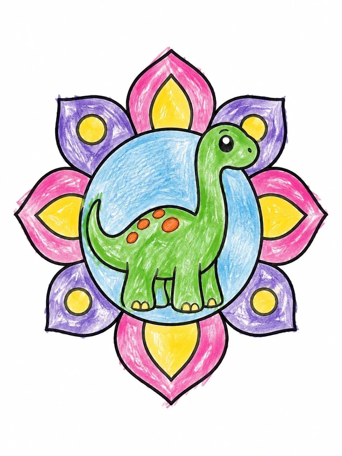 Colored example of the Cute Sauropod Flower Mandala coloring page