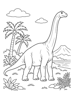 A friendly long neck dinosaur coloring page featuring palm trees and a mountain.