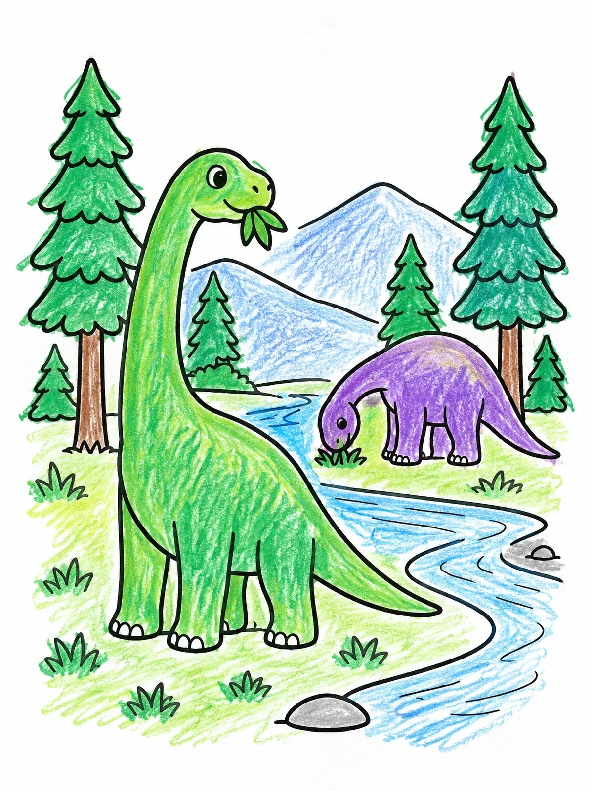 Colored example of the Friendly Sauropods By The Stream coloring page
