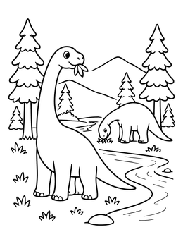 A friendly long neck dinosaur coloring page showing two sauropods grazing near a winding river and pine trees.