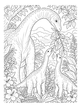 A detailed long neck dinosaur coloring page showing a mother feeding leaves to two young dinosaurs in a forest.