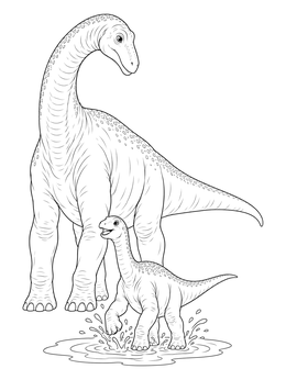 A cheerful baby sauropod splashes in water on this long neck dinosaur coloring page with its mother.