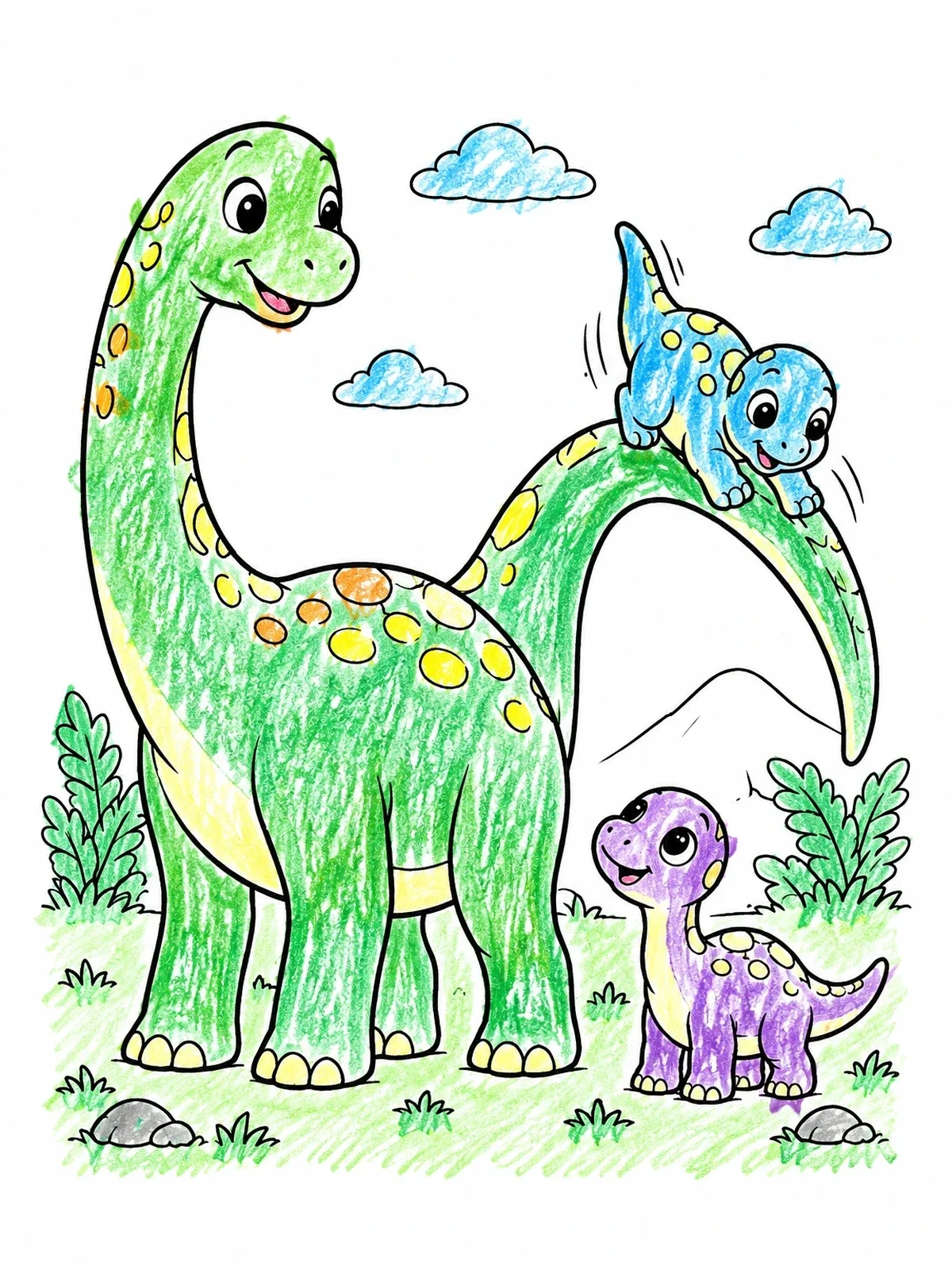 Colored example of the Playful Sauropod Mother And Babies coloring page