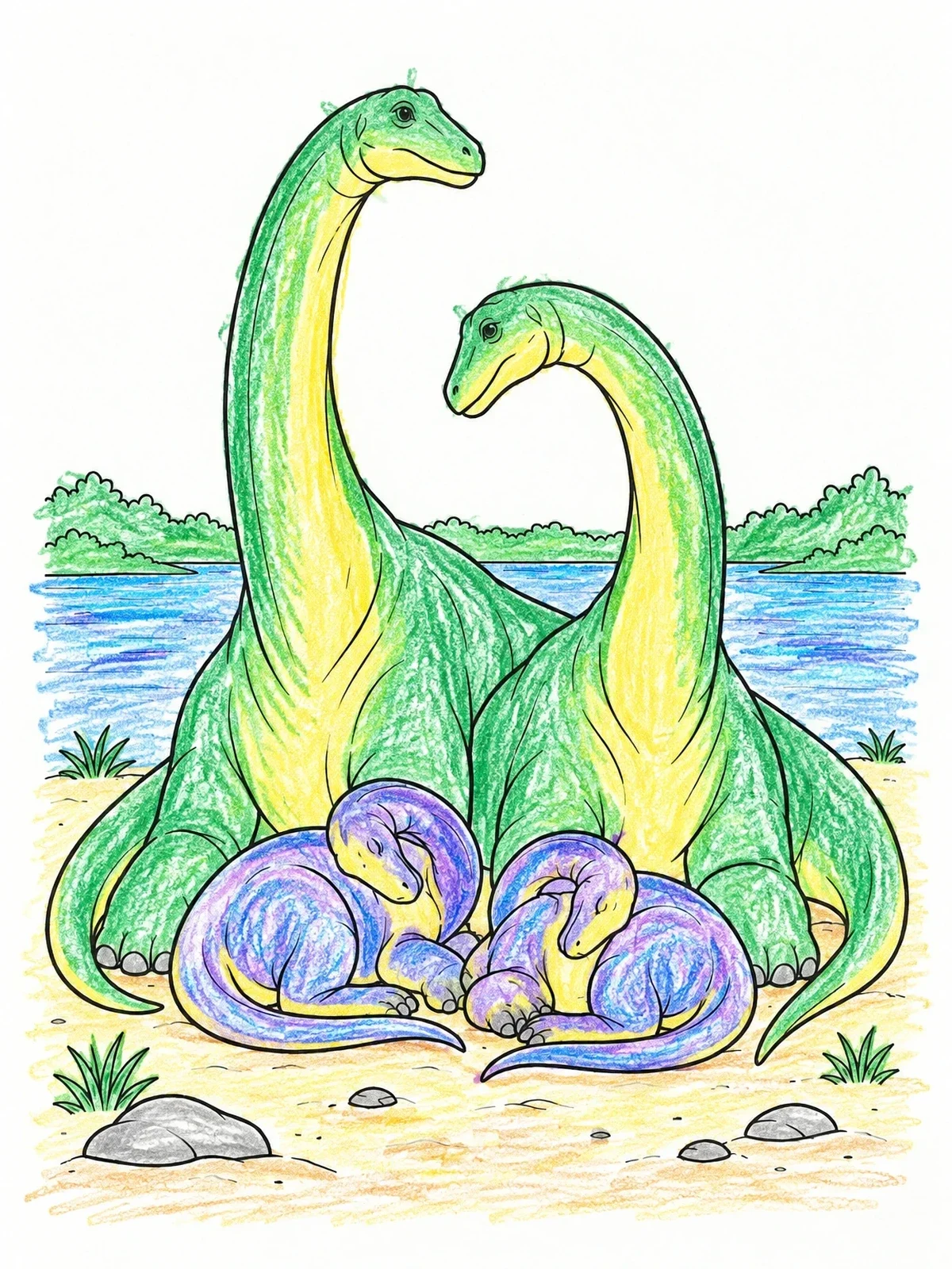 Colored example of the Sauropod Dinosaur Family By The Water coloring page