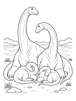 A peaceful long neck dinosaur coloring page showing two adult sauropods resting with their sleeping babies.