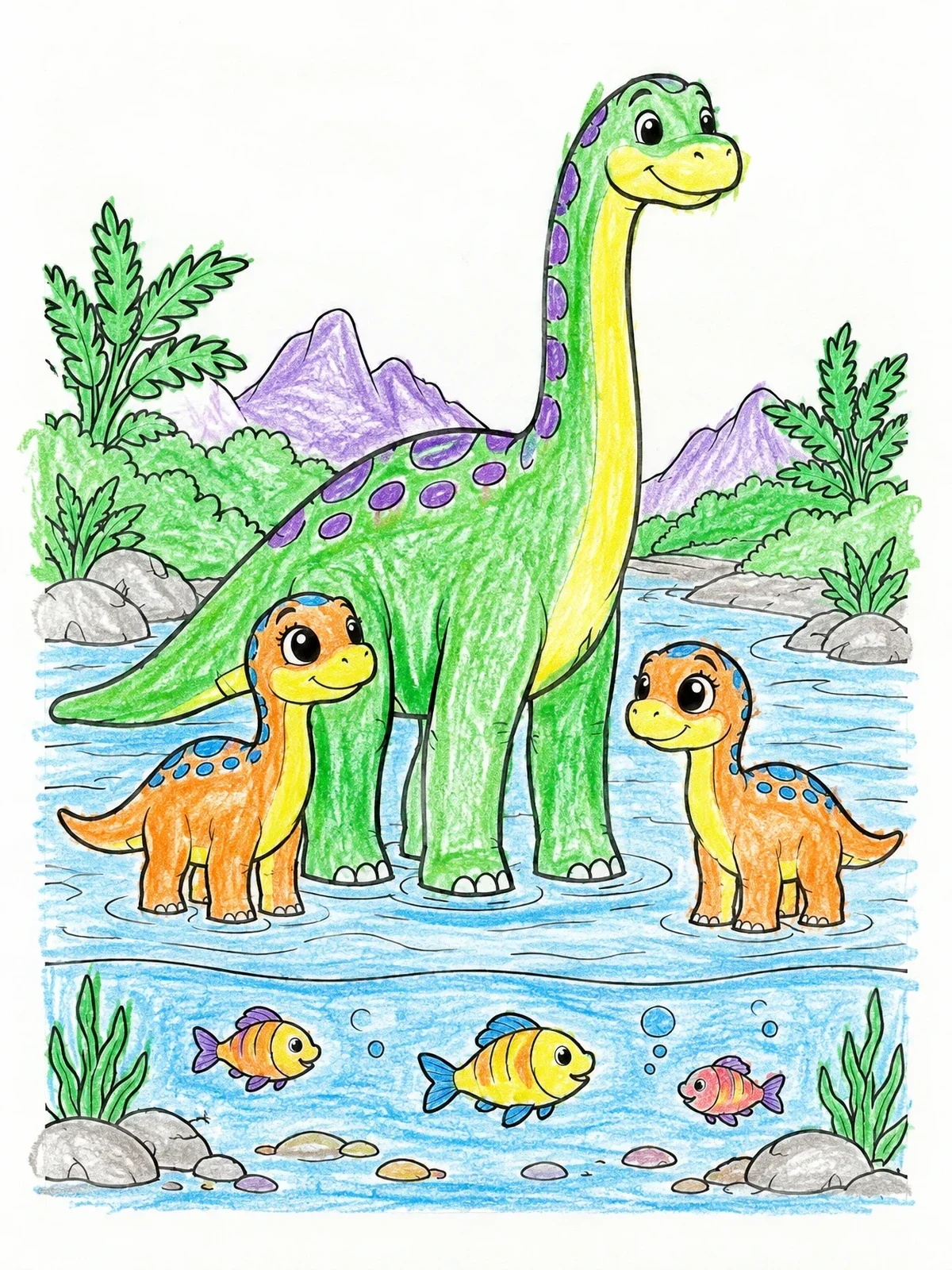 Colored example of the Sauropod Dinosaur Family By River coloring page