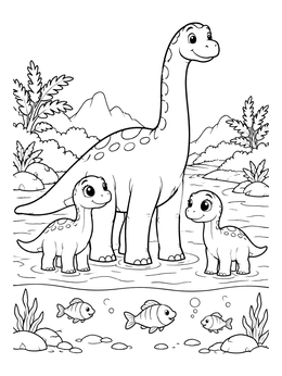A sweet long neck dinosaur coloring page with parent and baby dinosaurs wading over swimming fish.