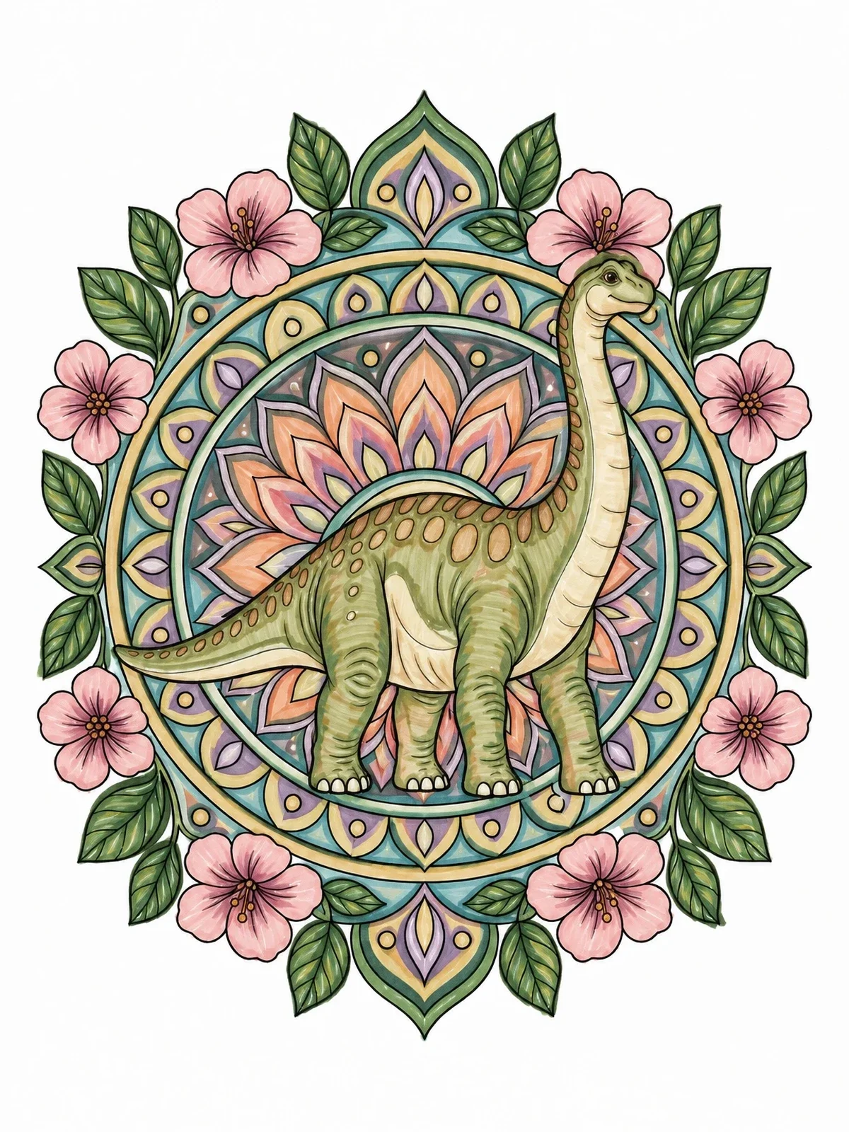 Colored example of the Sauropod Dinosaur Floral Mandala coloring page