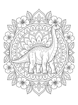 An intricate long neck dinosaur coloring page framed by a circular floral mandala pattern.