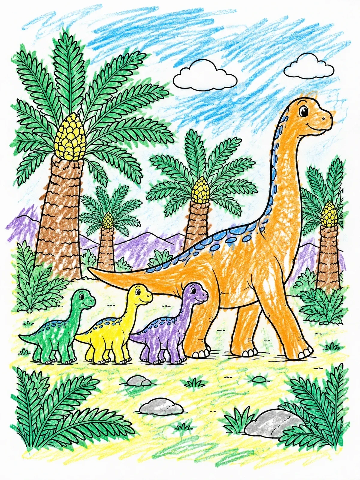 Colored example of the Sauropod Dinosaur Family On A Walk coloring page