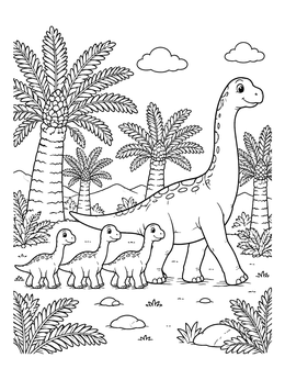 Free printable Sauropod Dinosaur Family On A Walk coloring page