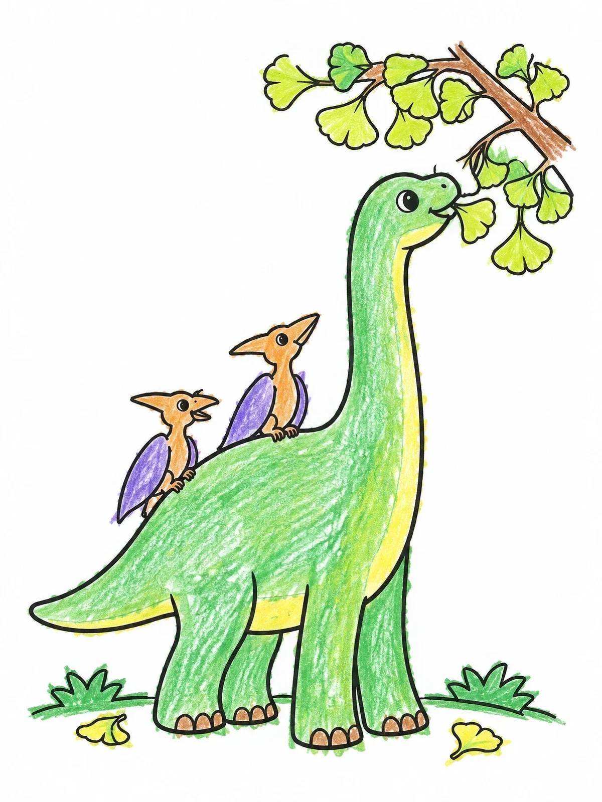 Colored example of the Friendly Sauropod With Pterosaurs coloring page