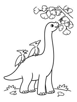 A sweet long neck dinosaur coloring page with pterosaurs perched on its back eating leaves.