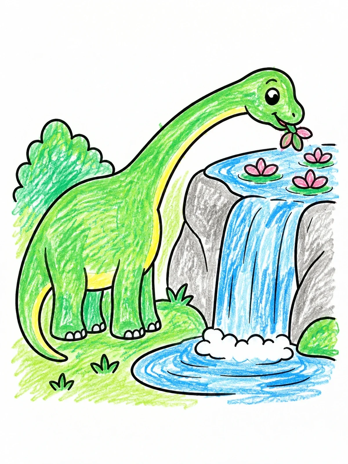 Colored example of the Sauropod Dinosaur At The Waterfall coloring page