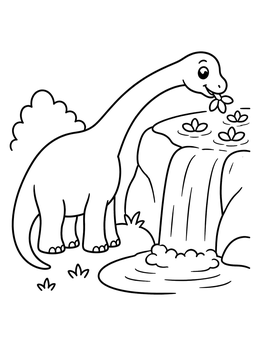 A friendly long neck dinosaur coloring page showing the dino eating water plants above a small waterfall.