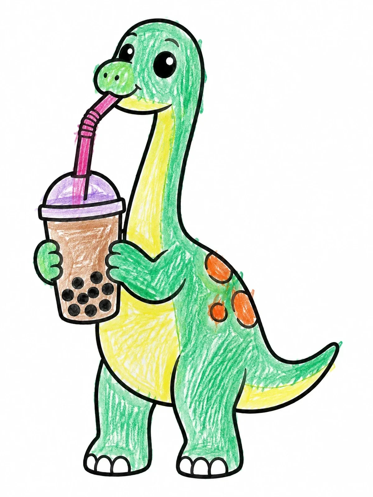 Colored example of the Cute Sauropod Drinking Boba Tea coloring page