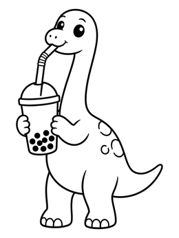 A long neck dinosaur coloring page showing a friendly sauropod sipping boba tea through a straw.