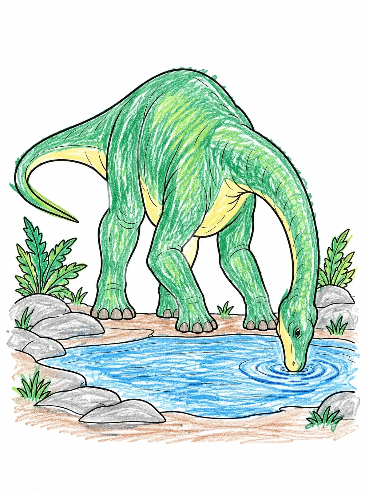 Colored example of the Sauropod Drinking From Forest Pool coloring page