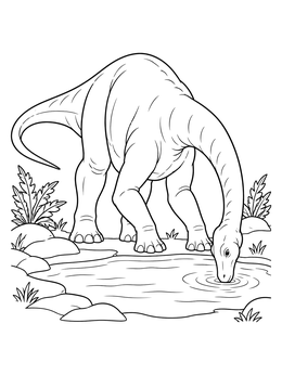 A peaceful long neck dinosaur coloring page showing a sauropod drinking clear water.