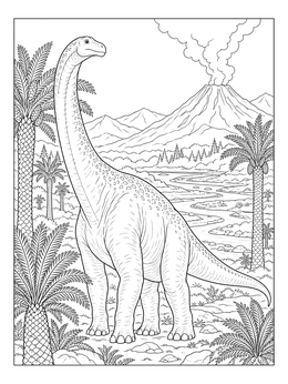 A detailed long neck dinosaur coloring page showing a massive sauropod near cycads and a volcano.