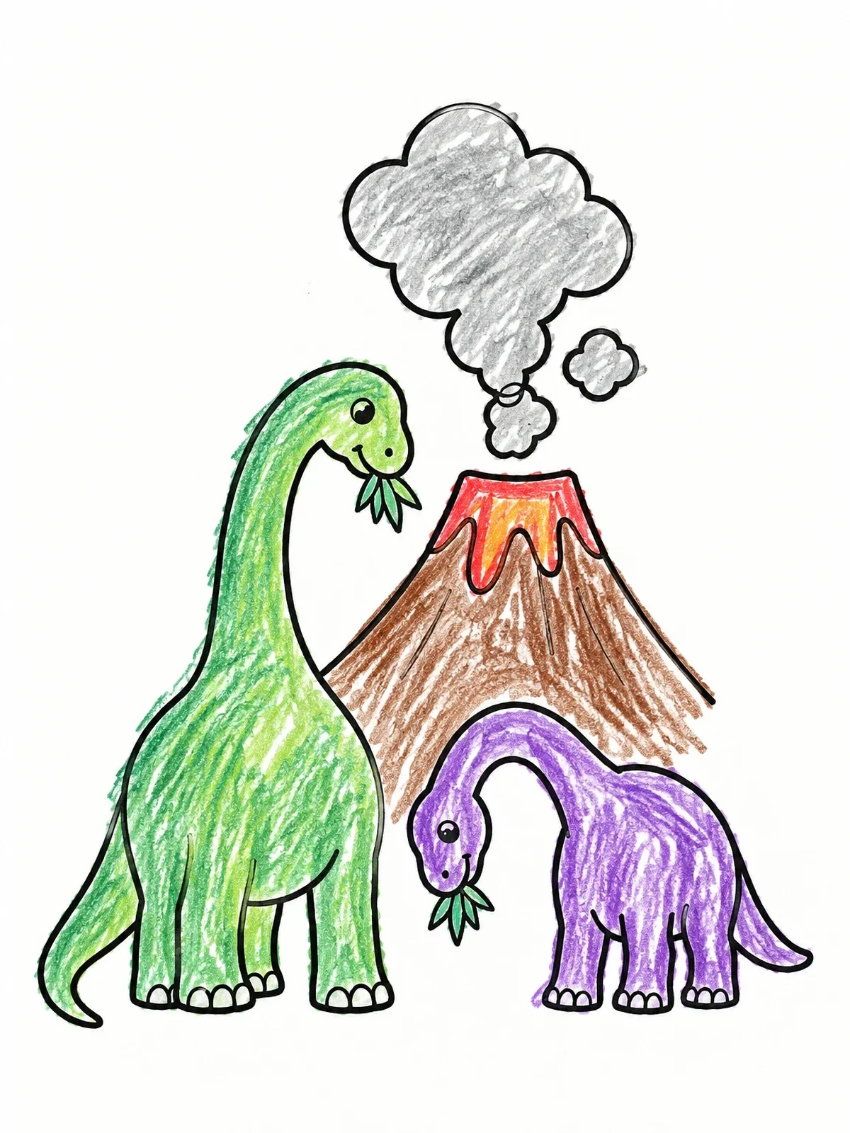 Colored example of the Long Neck Dinosaurs Beside Smoking Volcano coloring page