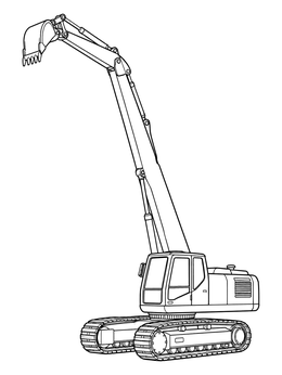 A detailed high-reaching excavator coloring page with tracked treads and tall mechanical boom.