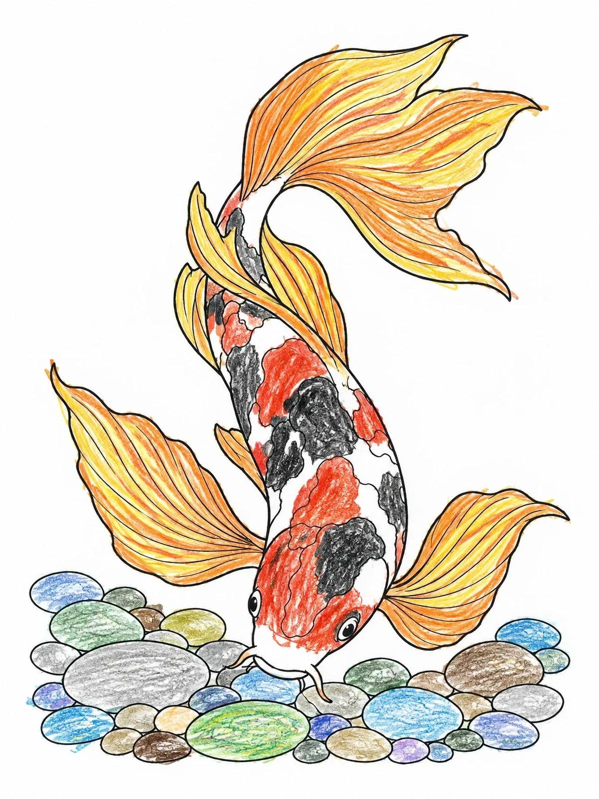 Colored example of the Longfin Butterfly Koi Over River Stones coloring page
