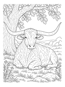 A detailed bull coloring page featuring a Texas longhorn resting beneath a leafy oak tree.