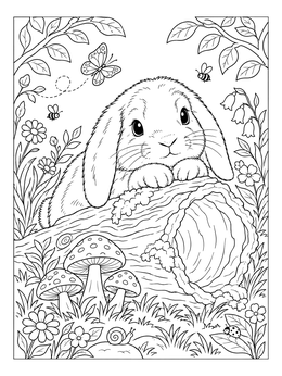 A sweet lop-eared bunny coloring page resting behind a hollow log with forest mushrooms and flowers.