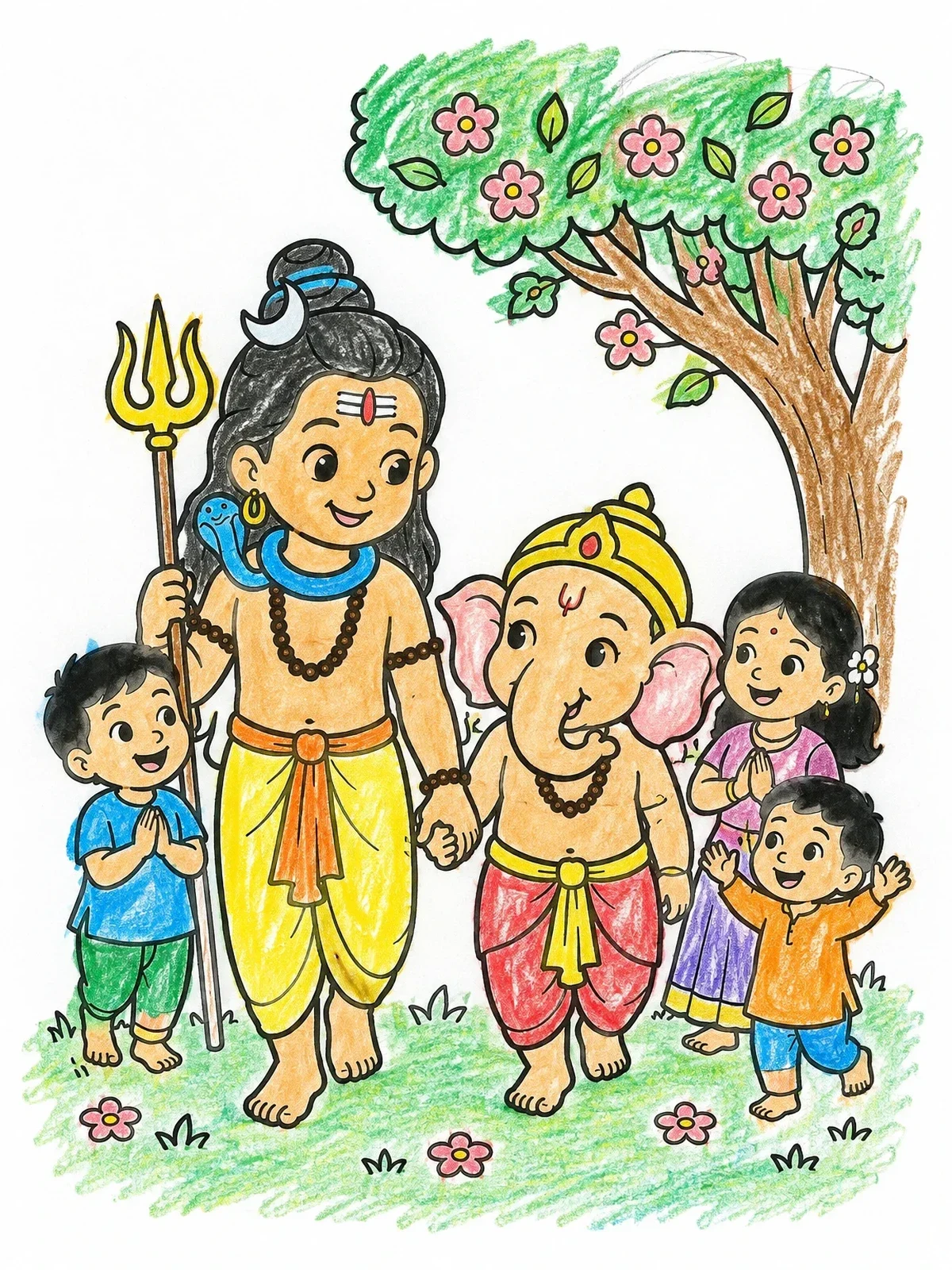 Colored example of the Lord Shiva And Little Ganesha Walking coloring page