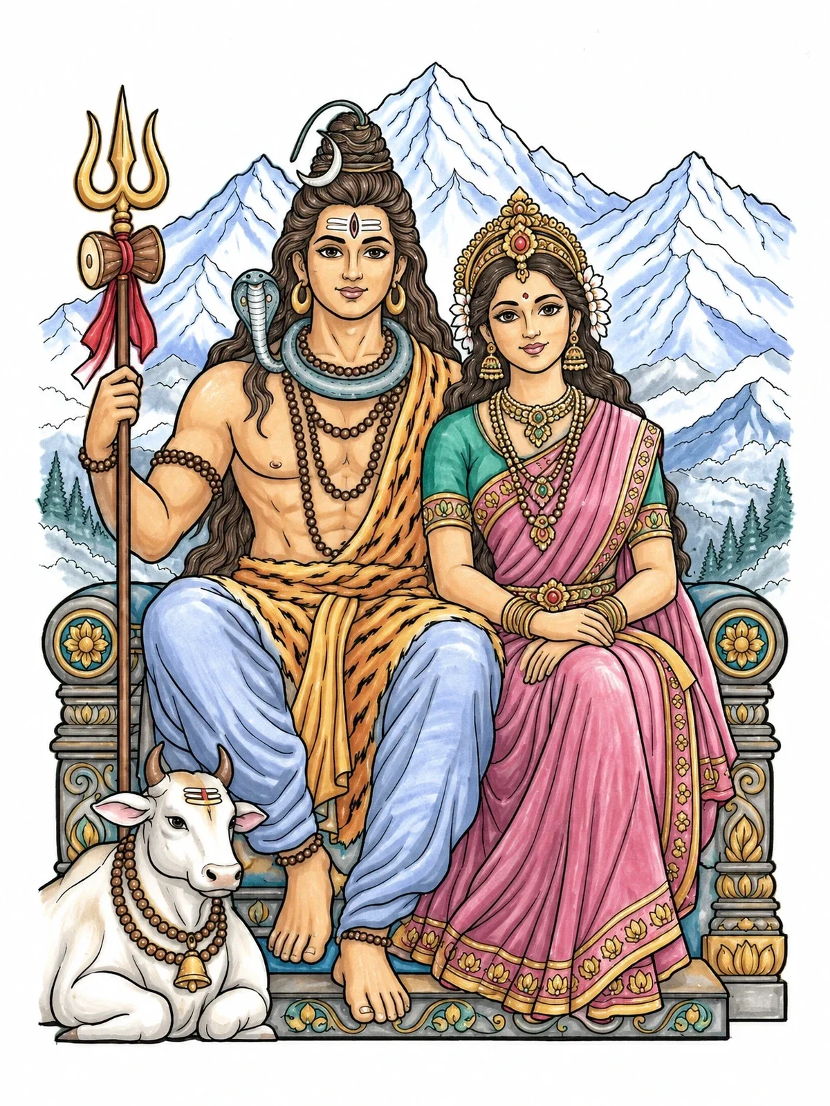 Colored example of the Lord Shiva And Parvati On Mount Kailash coloring page