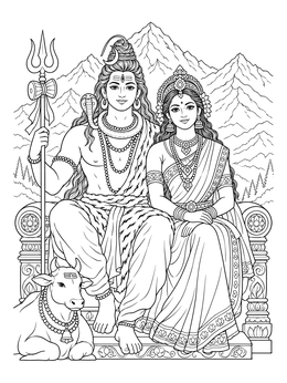 A detailed lord shiva coloring page showing Shiva, Parvati, and Nandi the bull before Himalayan peaks.