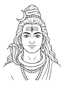 A serene portrait in this lord shiva coloring page with a cobra, crescent moon, and third eye.