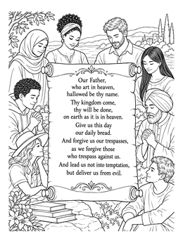 A peaceful prayer coloring page featuring people gathered around a scroll with the Lord's Prayer.
