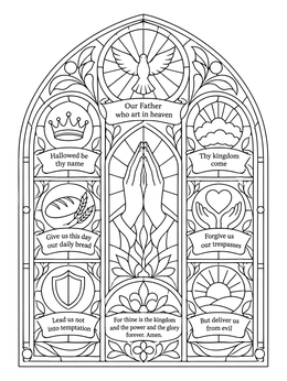 An intricate prayer coloring page showing a stained glass window with verses from the Our Father.