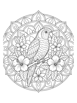 A detailed lorikeet coloring page featuring a parrot framed by hibiscus blooms and a mandala.