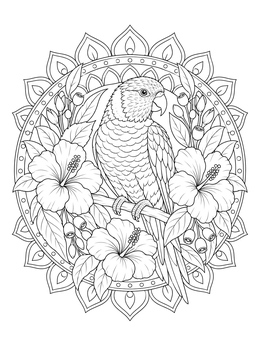 A detailed lorikeet coloring page framed by hibiscus blossoms and eucalyptus pods.