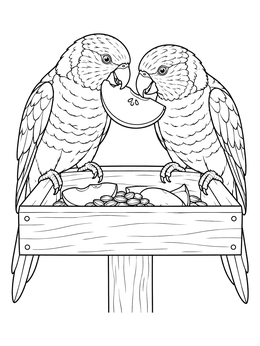 Two friendly birds share fruit in this detailed lorikeet coloring page.