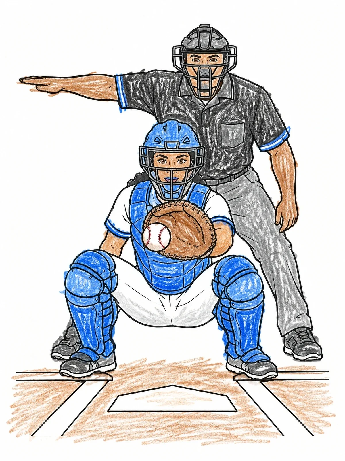 Colored example of the Baseball Catcher And Umpire At Home Plate coloring page