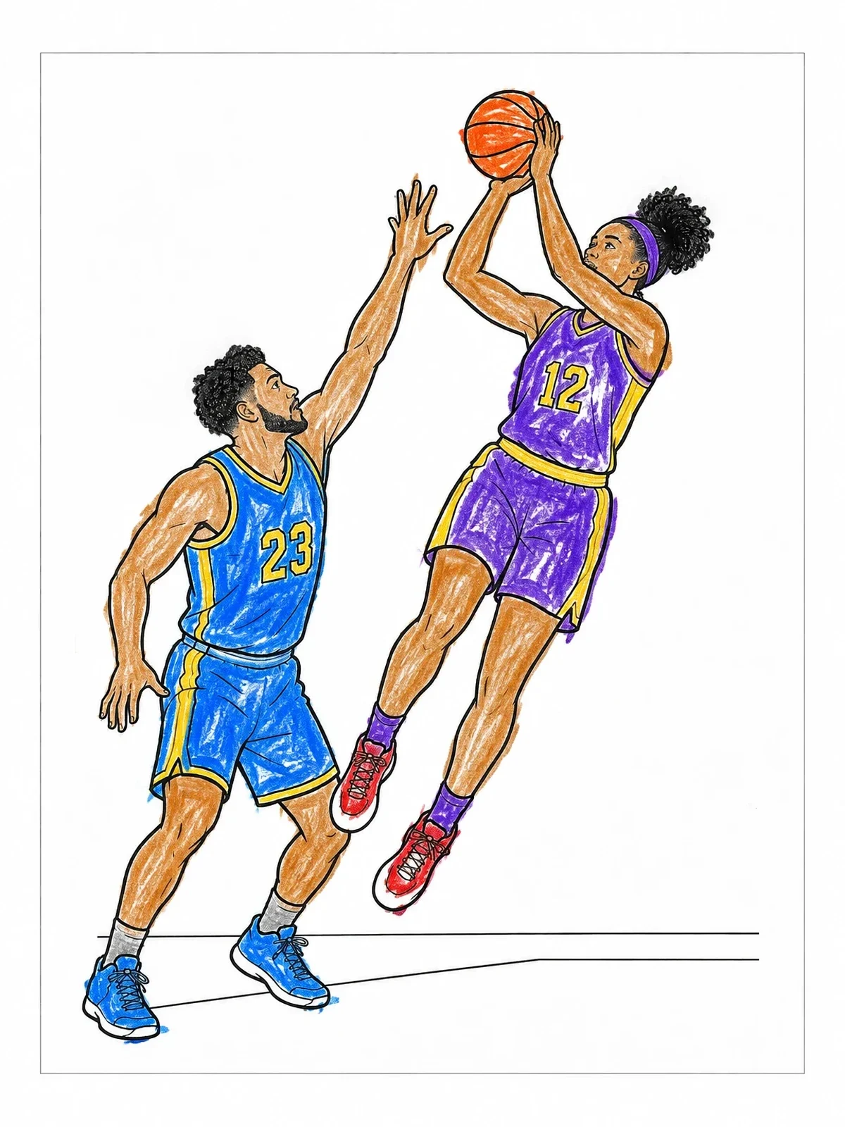 Colored example of the Basketball Jump Shot Action coloring page