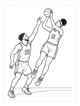 A dynamic los angeles coloring page showing a player shooting a jump shot over a defender.